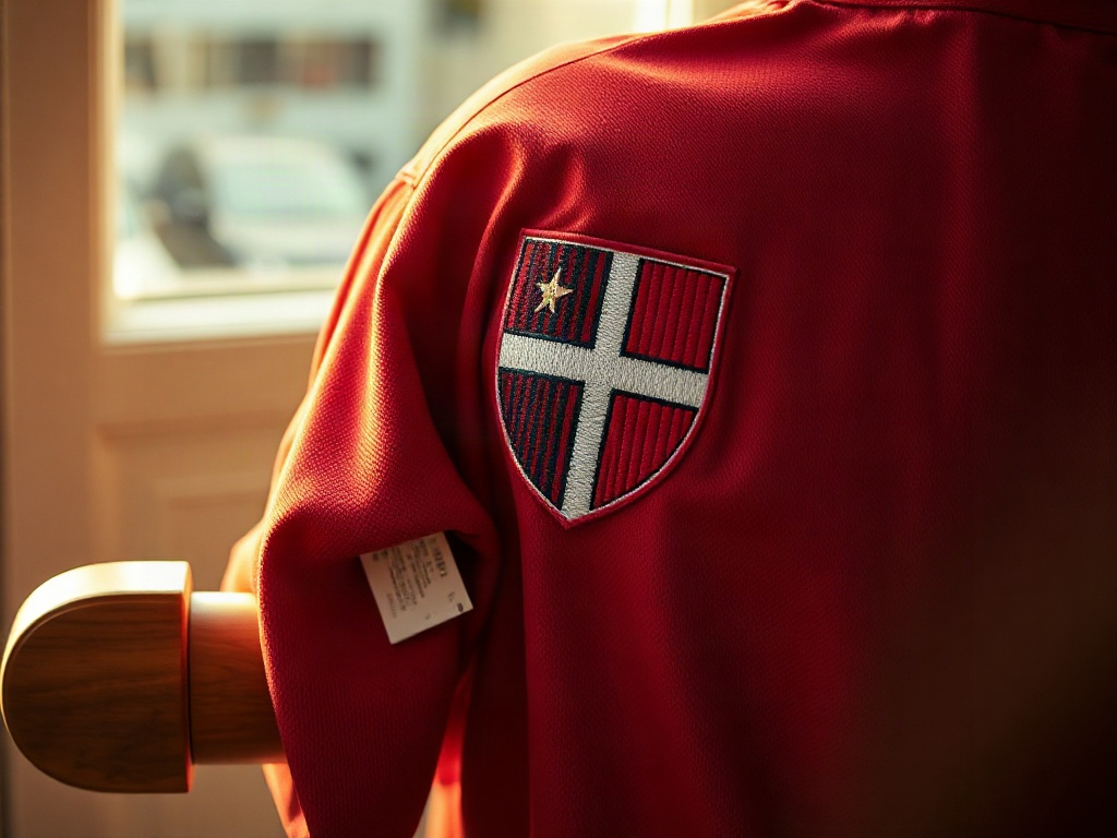 Nærbillede af broderet DBU-crest på den ny røde landsholdstrøje 2026 i blødt morgenlys