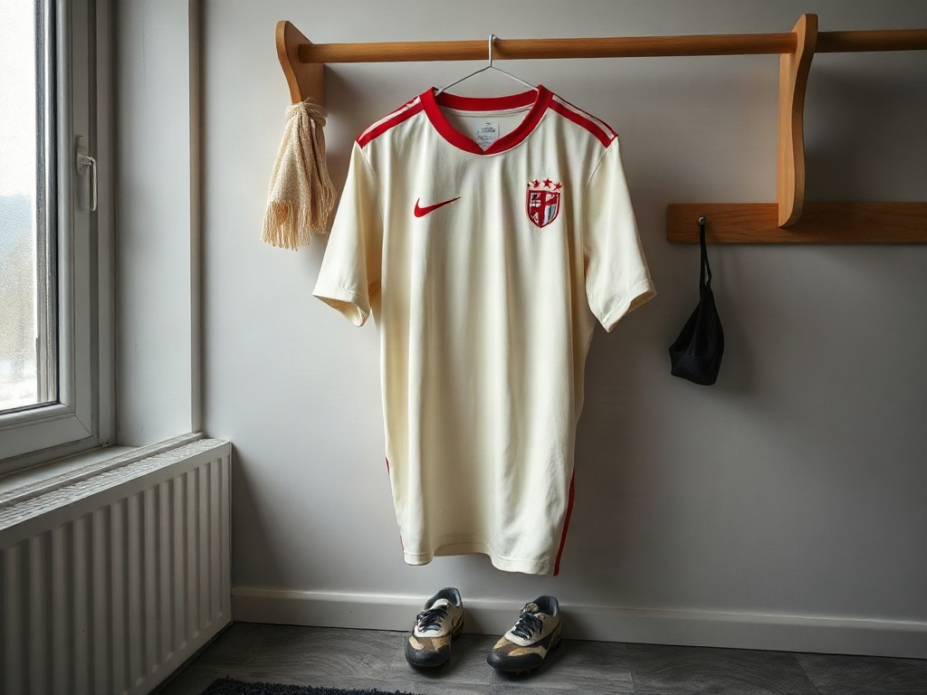Danmarks udetrøje 2026 i varm off-white hænger på træstang i naturligt nordisk dagslys