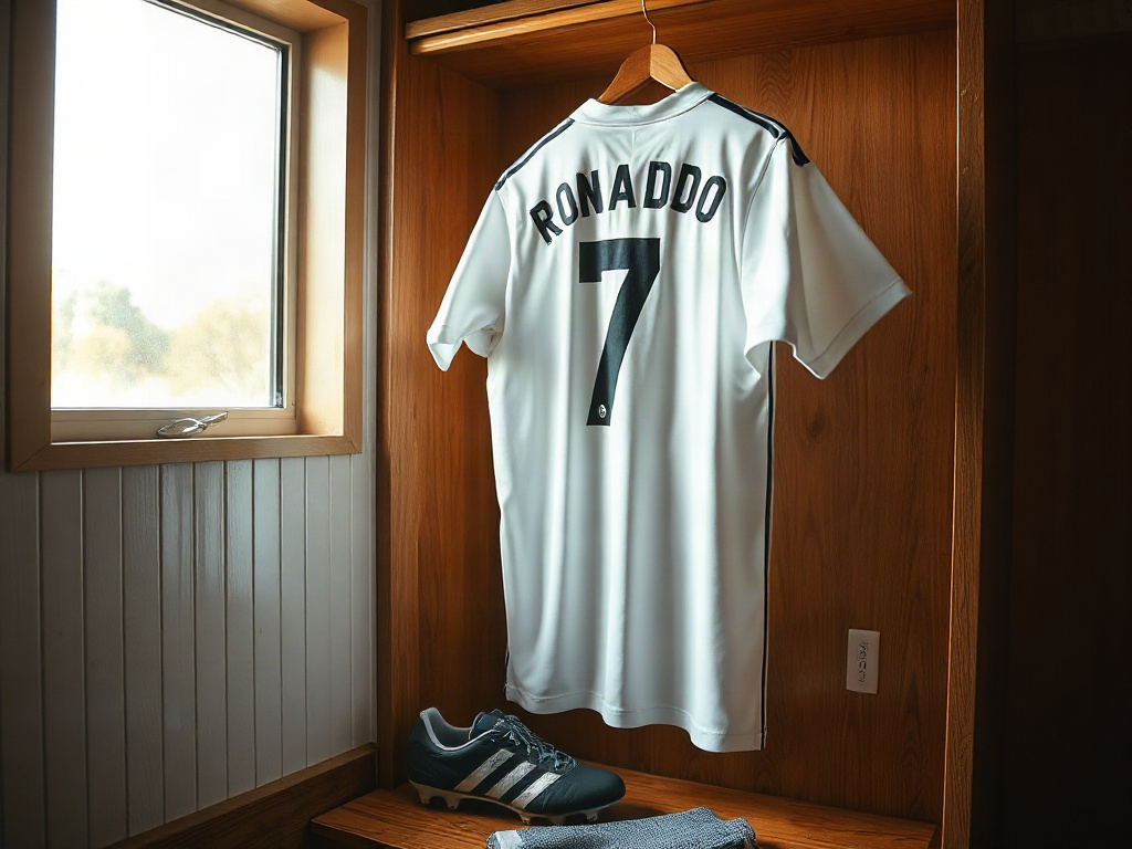 Hvid Real Madrid Ronaldo nummer 7 trøje hænger på en træstang i et omklædningsrum i morgenlys