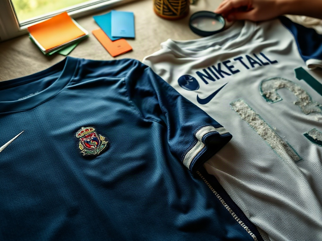 Nærbillede der sammenligner en original fodboldtrøje med tydelig broderet badge med en kopi med fladt trykt mærke