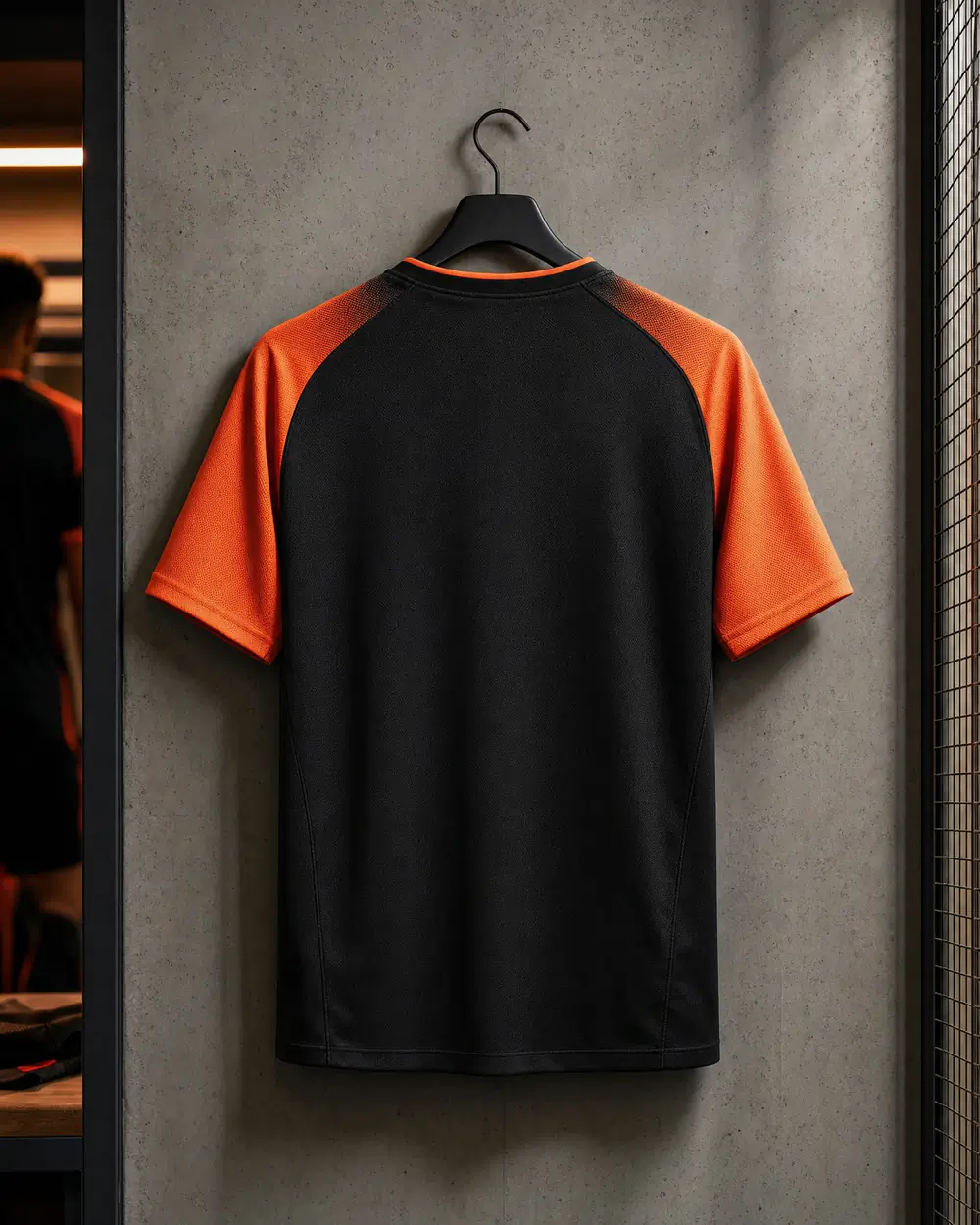 Ryggen på en sort og orange fodboldtrøje klar til navn og nummer