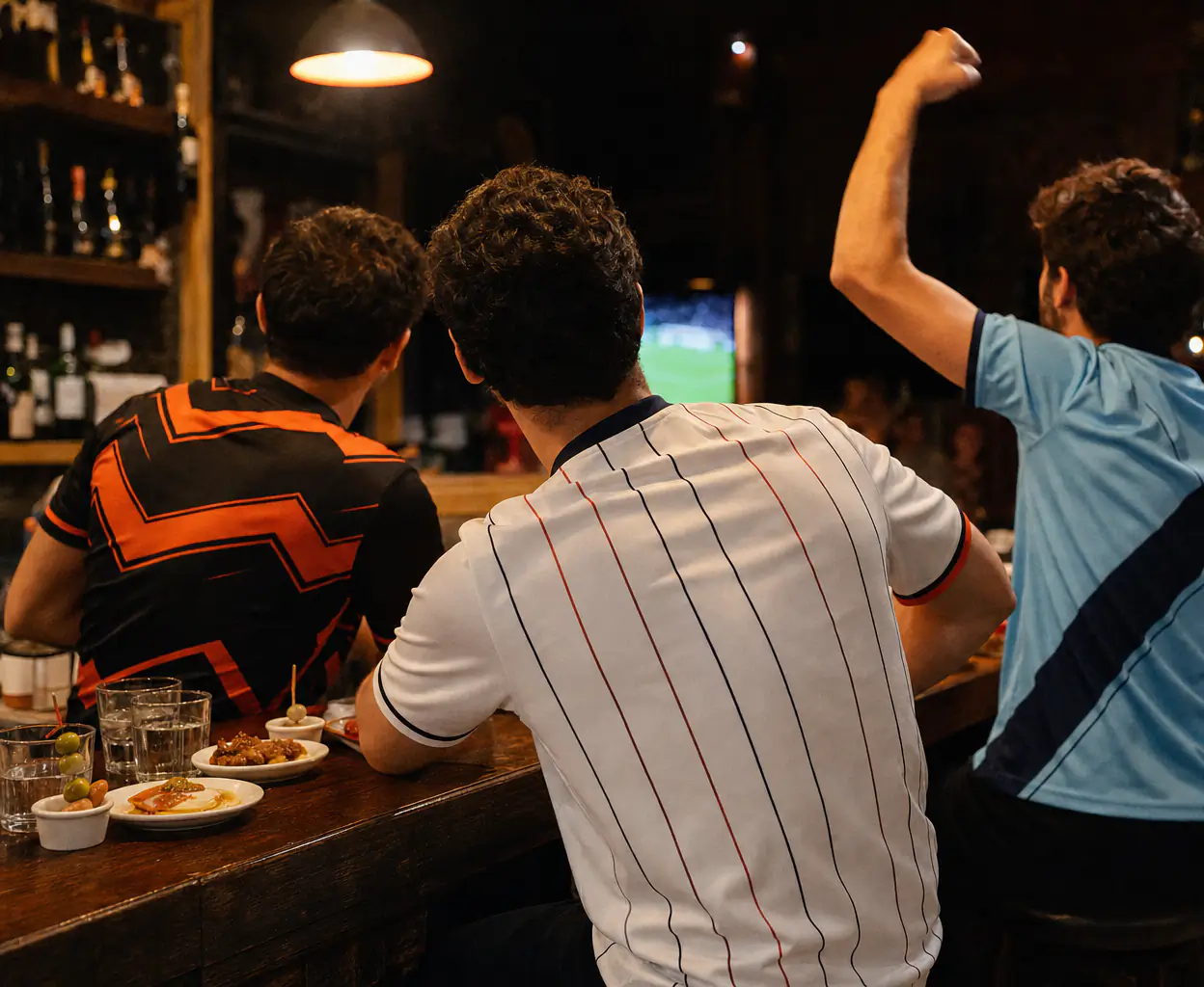 Venner i concept-trøjer fejrer et mål på en bar