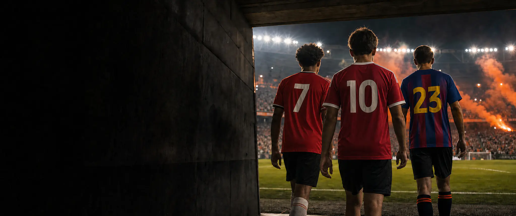 Tre spillere set bagfra i trøjer fra Manchester United, Liverpool og FC Barcelona går ud af stadiontunnelen om aftenen